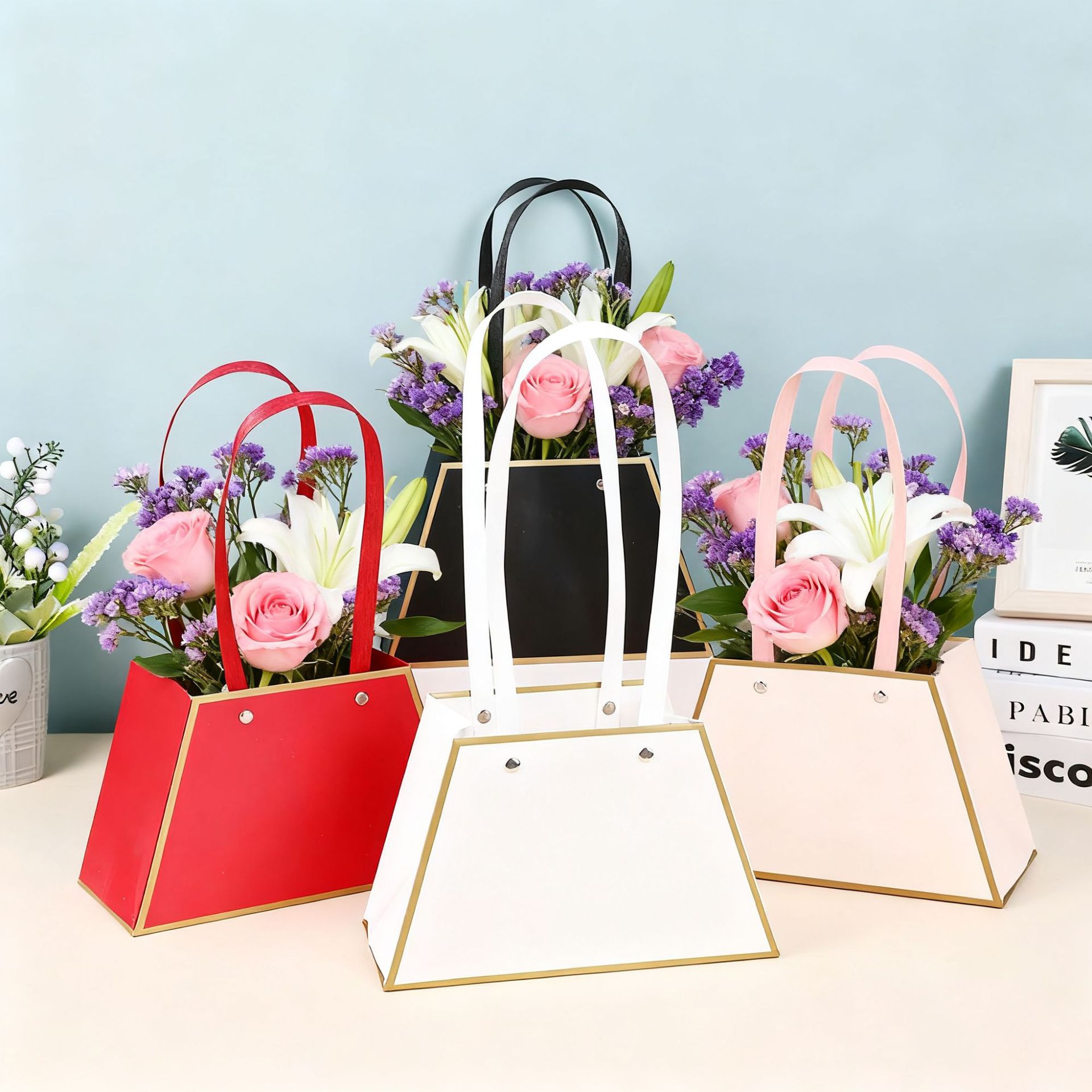 Florist Supply House - 10/20個入り DIYフラワーギフトボックス 台形ハンドバッグ 花束ラッピングペーパーバッグ 母の日 結婚式