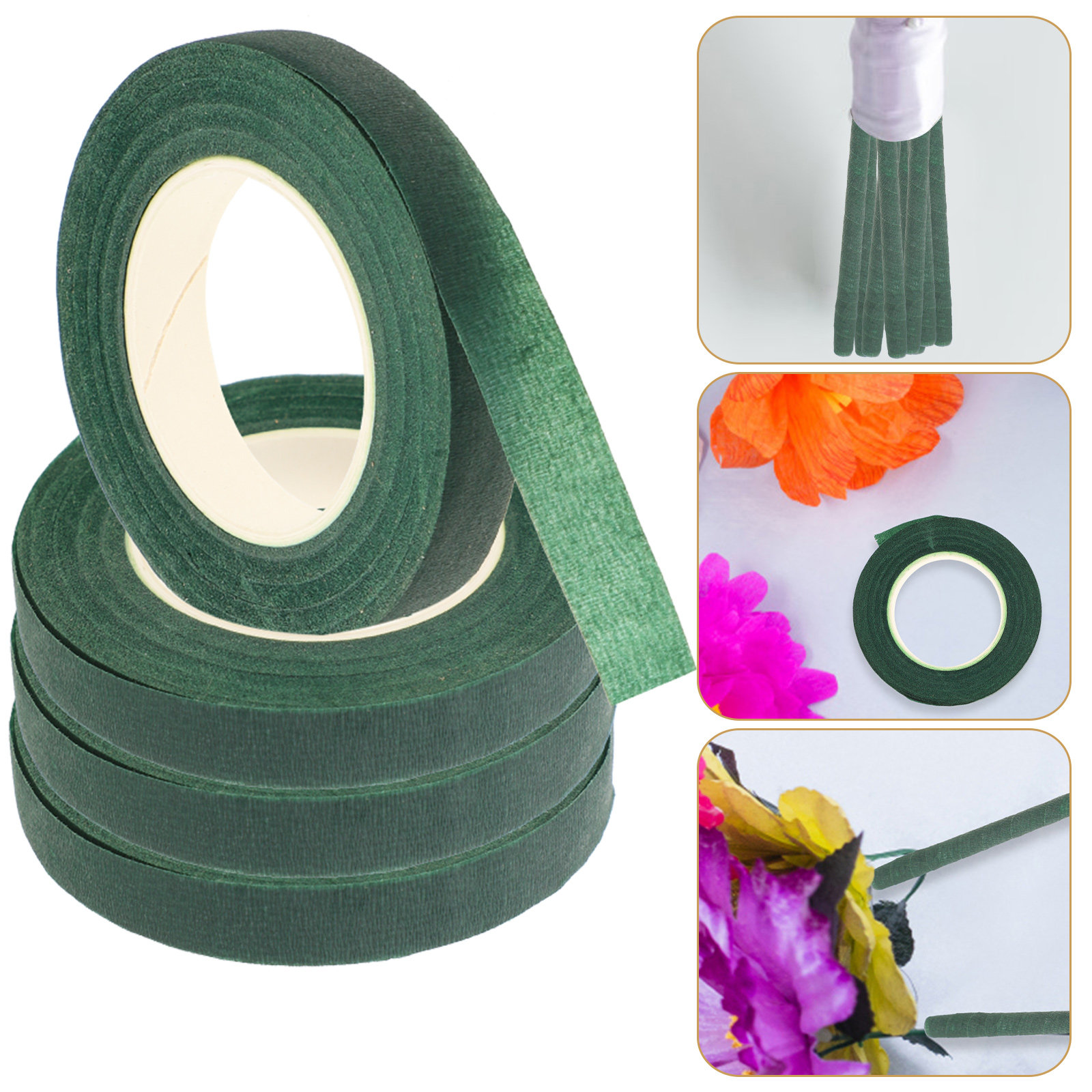 Floral Tape Green - 4個入り、緑色の花柄テープ。伸縮性があり、花束の茎を包むのに適しています。DIYのフラワーアレンジメントや花束作りに使える、防水性のある花材。